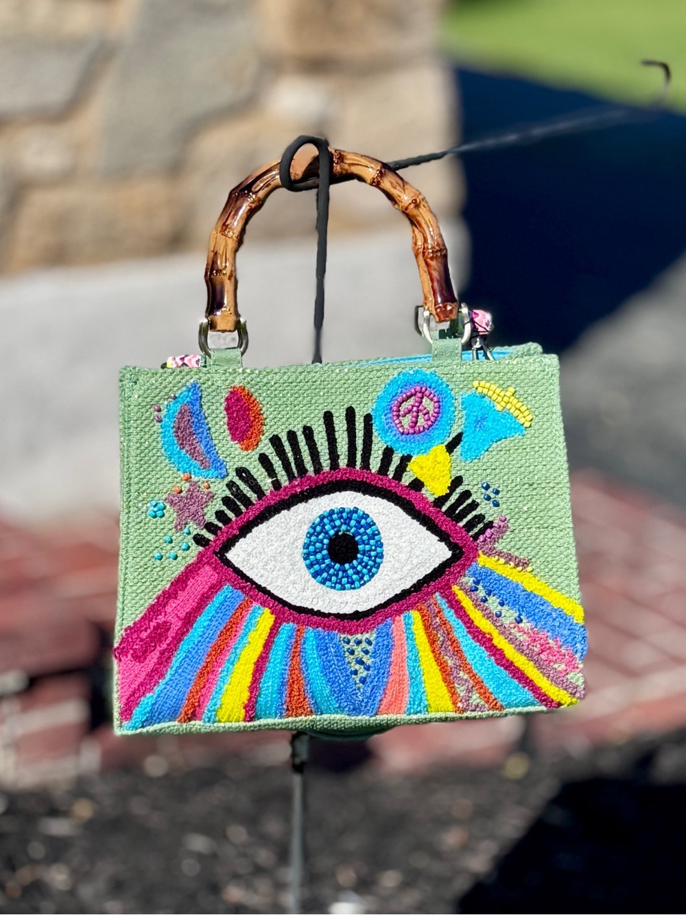 America & Beyond Groovy Evil Eye | Green |Rainbow, Peace Sign, Embroidered Tote